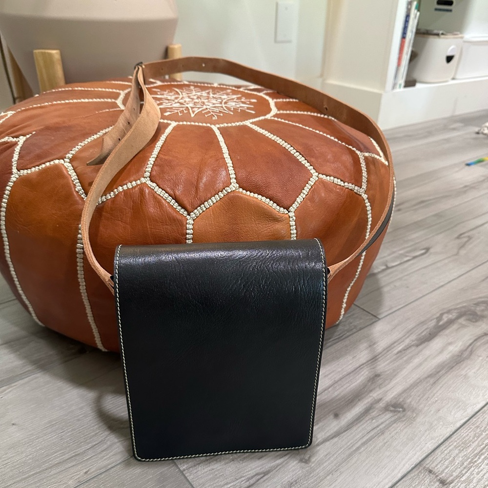 Moroccan Handmade Black Leather Bag with Contrast Stitching